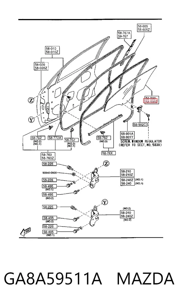 Стекло двери передней левой GA8A59511A Mazda