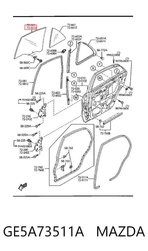 Стекло двери задней левой GE5A73511A Mazda