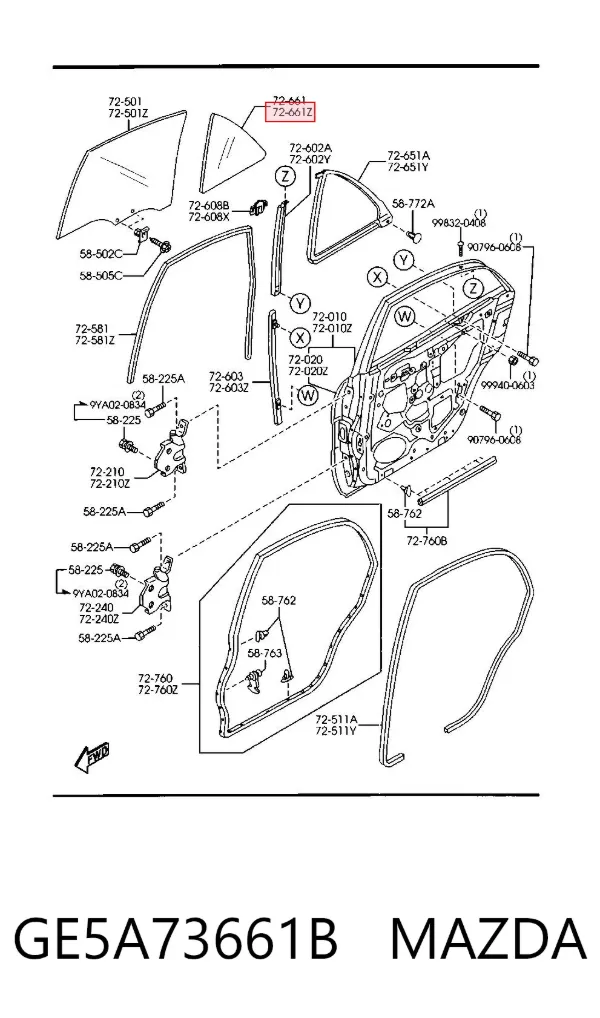 Стекло-форточка двери задней левой GE5A73661B Mazda