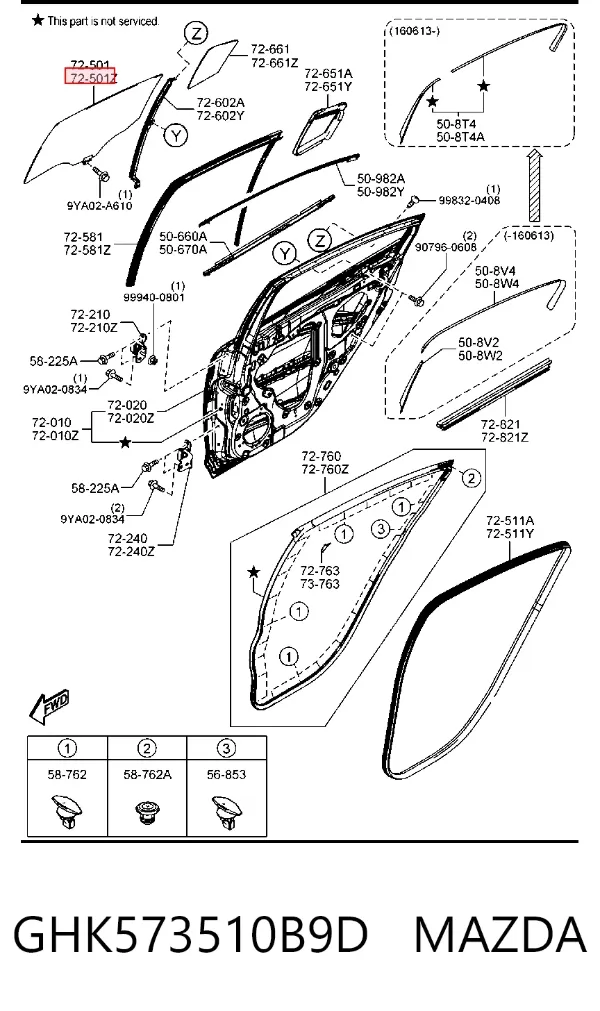 Стекло двери задней левой GHK573510B9D Mazda