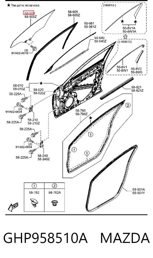 Стекло двери передней правой GHP958510A Mazda