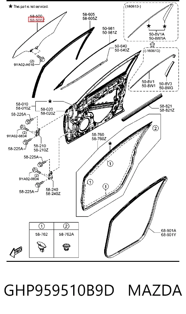 Стекло двери передней левой GHP959510B9D Mazda