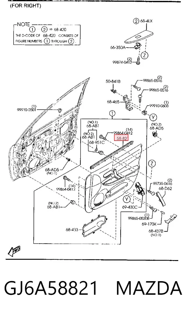 Уплотнитель стекла двери передней правой внутренний (планка) GJ6A58821 Mazda