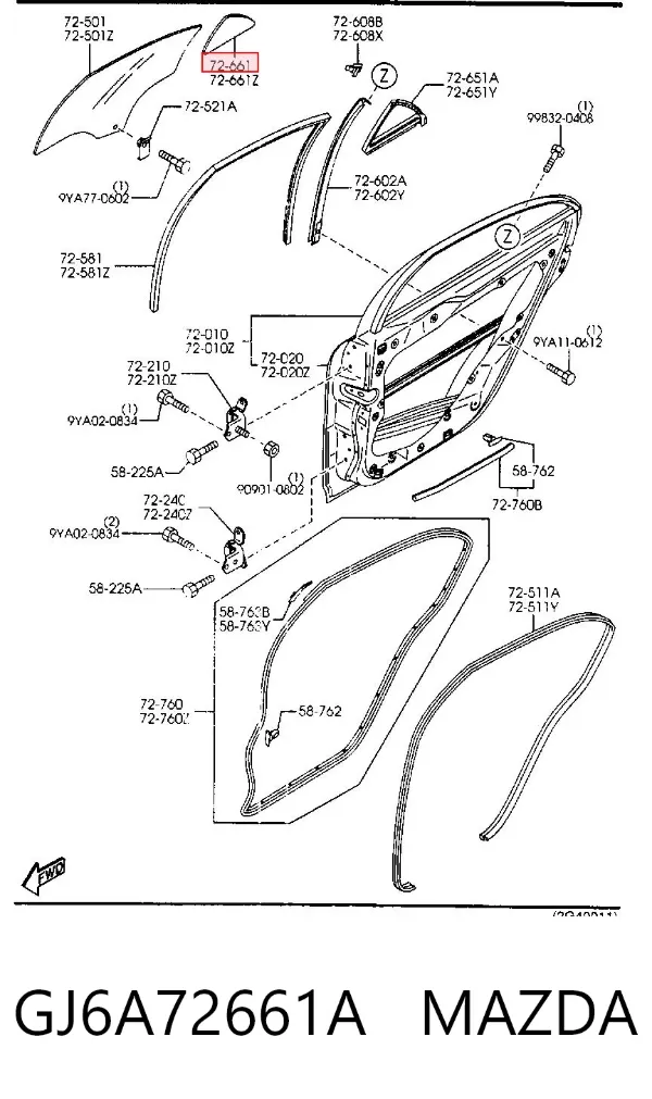 Стекло-форточка двери задней правой GJ6A72661A Mazda
