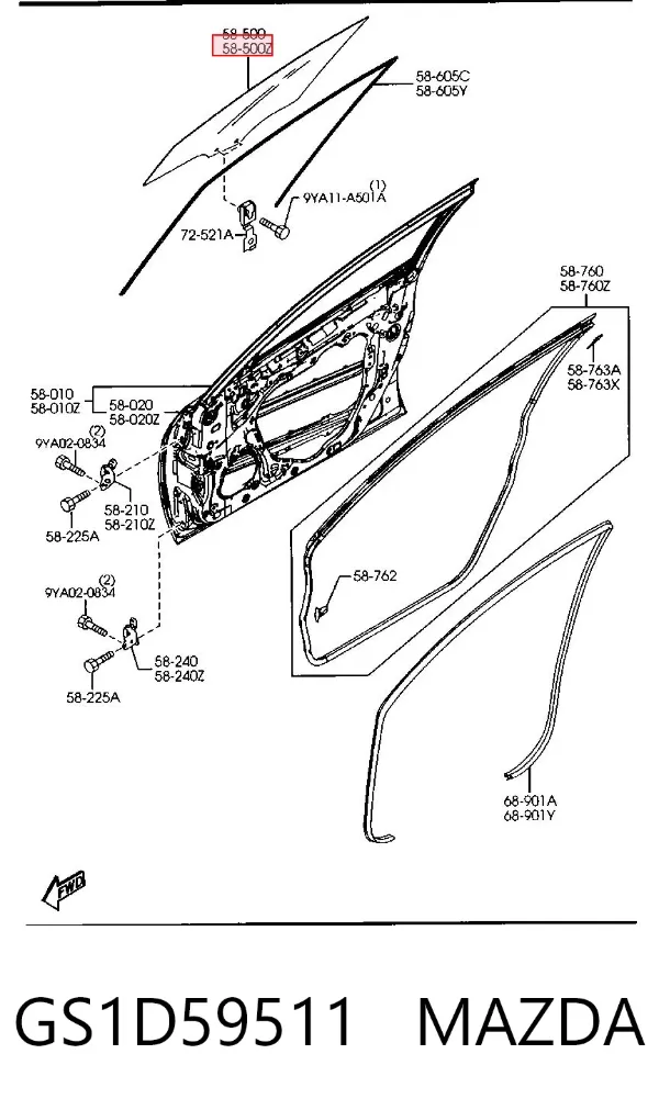 Стекло двери передней левой GS1D59511 Mazda