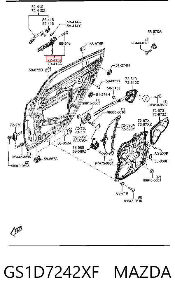 Держатель наружной ручки двери задней правой GS1D7242XF Mazda