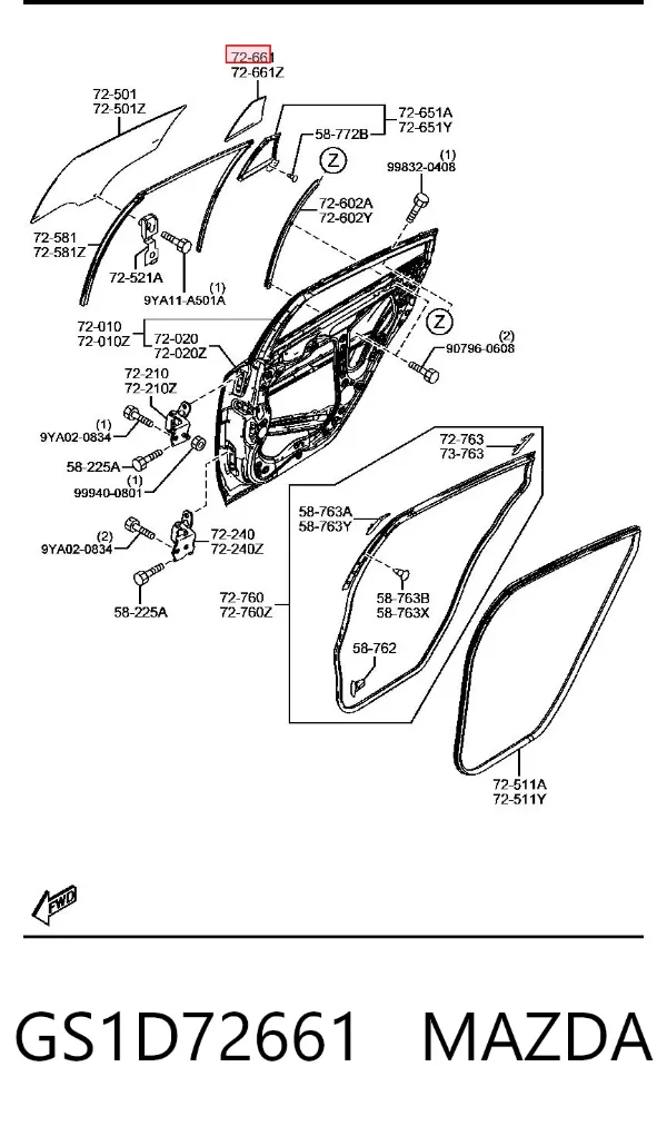 Стекло-форточка двери задней правой GS1D72661 Mazda