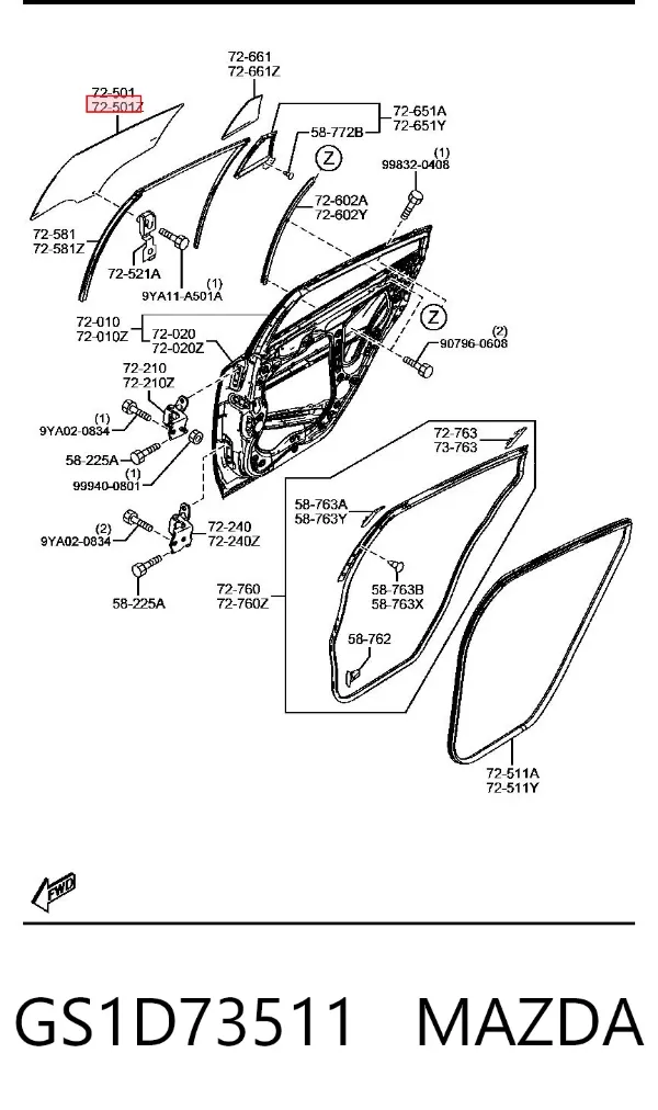 Стекло двери задней левой GS1D73511 Mazda