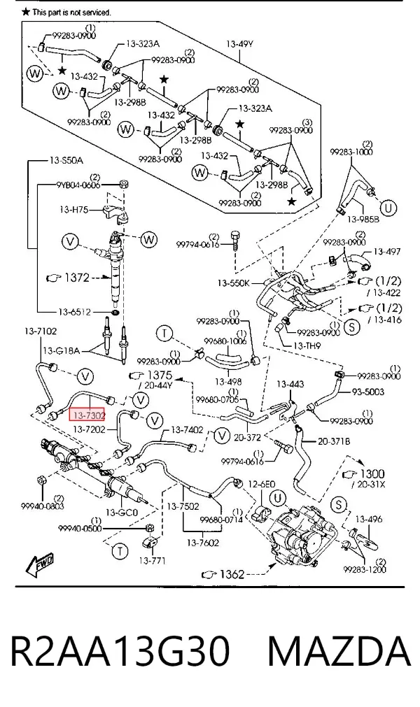 Трубка топливная форсунки 3-го цилиндра R2AA13G30 Mazda