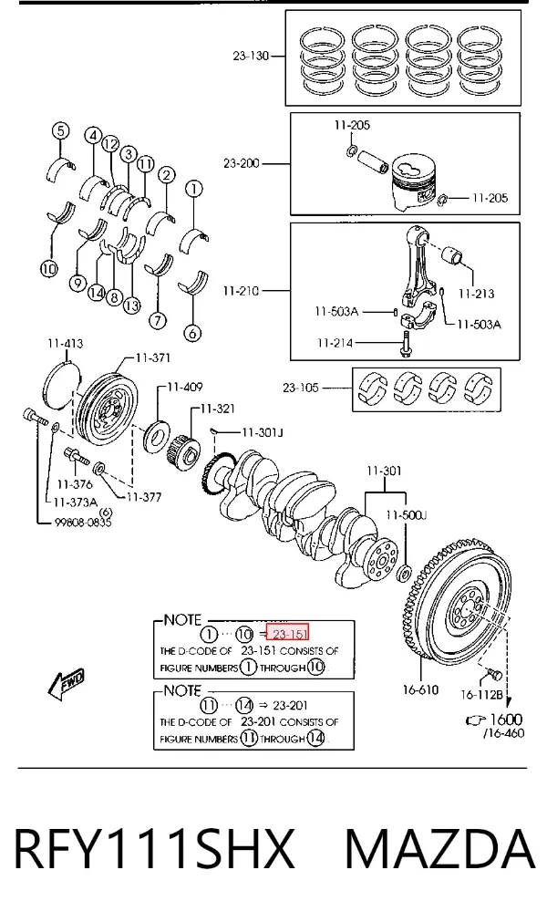 Вкладыши коленвала коренные, комплект, 2-й ремонт (+0,50) RFY111SHX Mazda