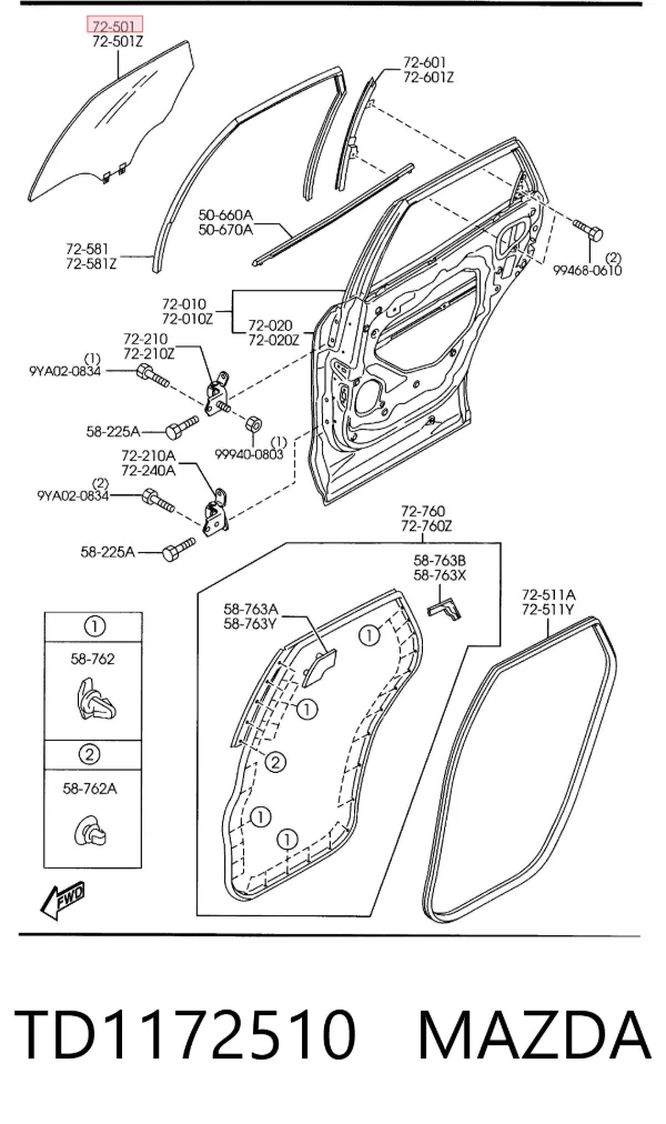 Стекло двери задней правой TD1172510 Mazda