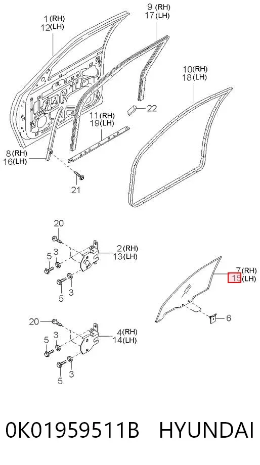 Стекло двери передней левой 0K01959511B Hyundai/Kia