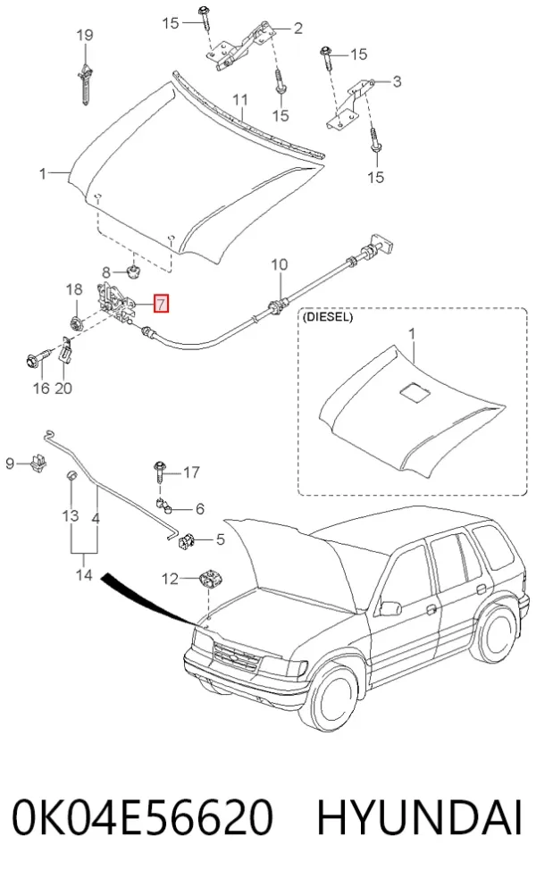 Замок капота 0K04E56620 Hyundai/Kia