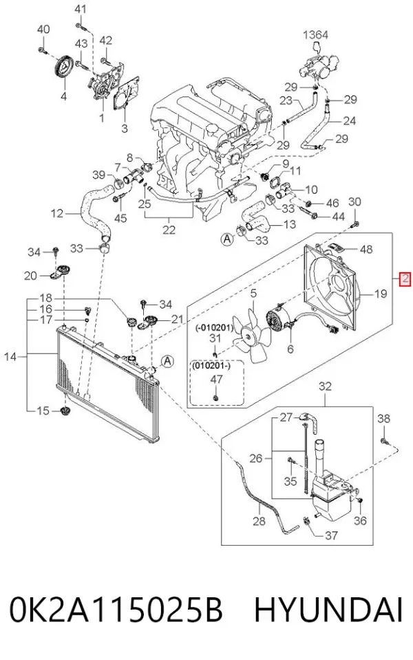 Диффузор вентилятора в сборе с мотором и крыльчаткой 0K2A115025B Hyundai/Kia