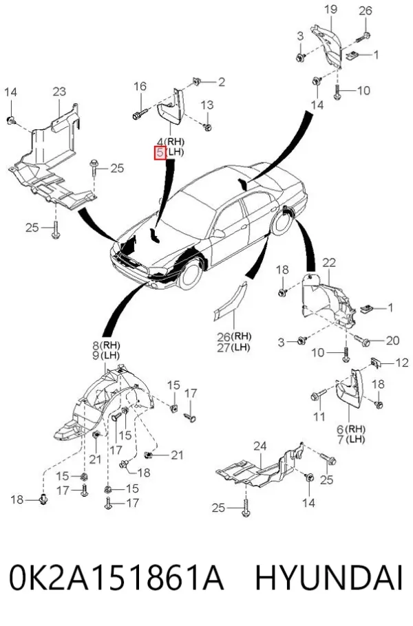 Брызговик передний левый 0K2A151861A Hyundai/Kia