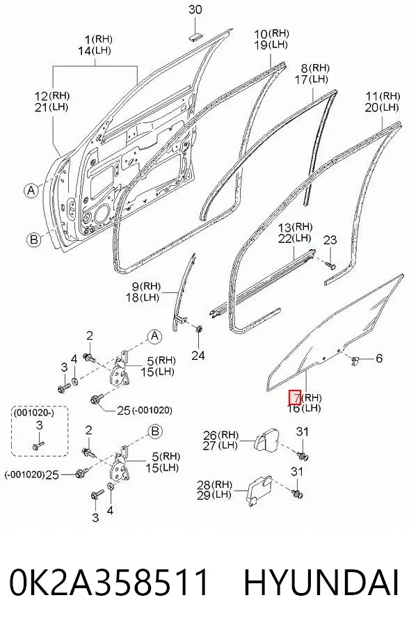 Стекло двери передней правой 0K2A358511 Hyundai/Kia