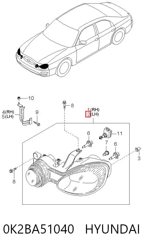 Левая фара 0K2BA51040 Hyundai/Kia