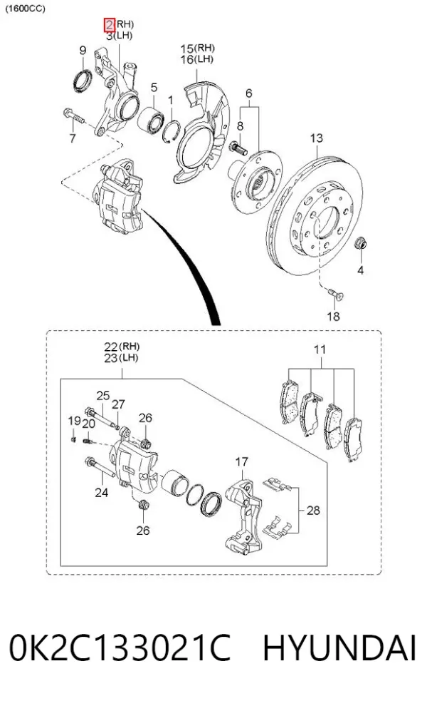 Цапфа передняя правая 0K2C133021C Hyundai/Kia