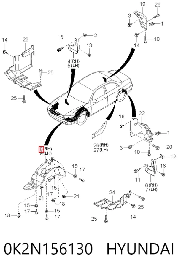 Подкрылок передний правый 0K2N156130 Hyundai/Kia