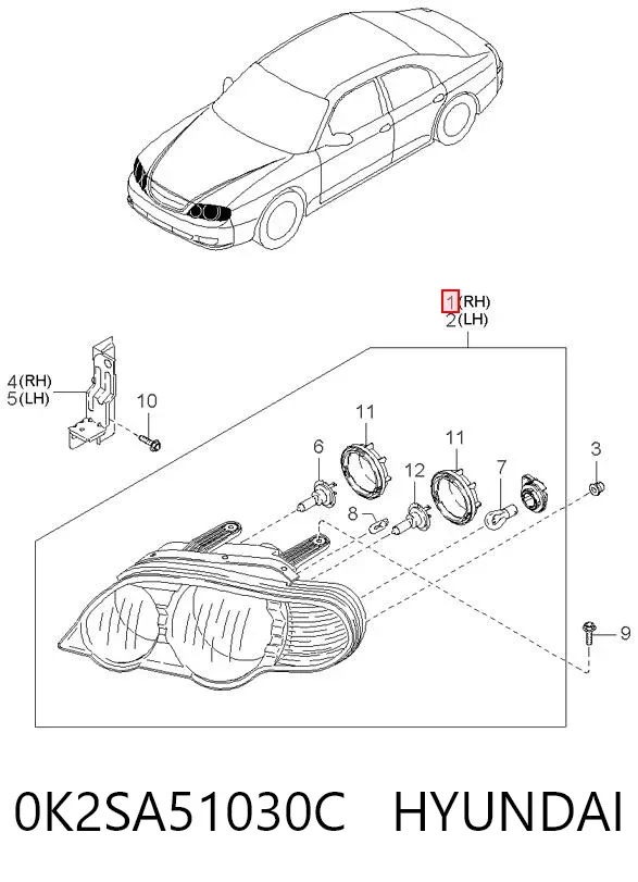 Правая фара 0K2SA51030C Hyundai/Kia