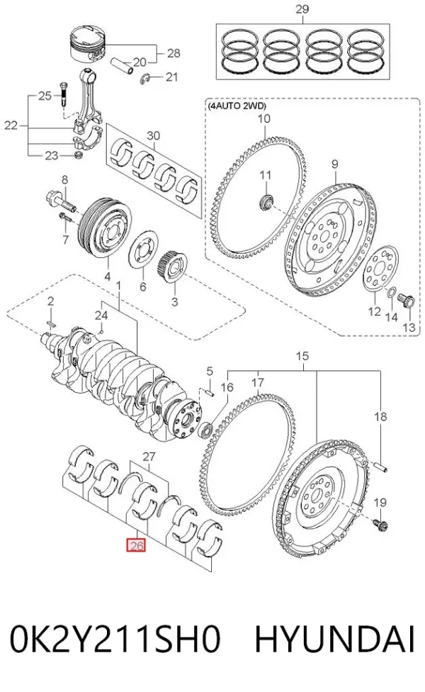 Вкладыши коленвала коренные, комплект, 1-й ремонт (+0,25) 0K2Y211SH0 Hyundai/Kia