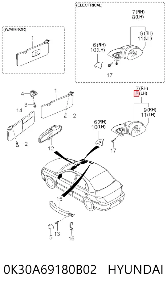 Левое боковое зеркало KIA Rio I