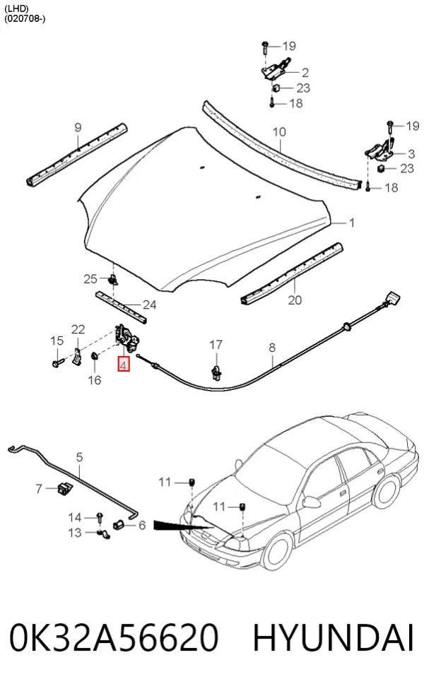 Замок капота 0K32A56620 Hyundai/Kia