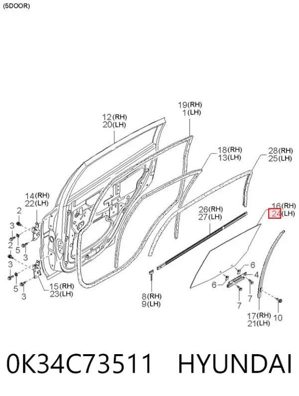 Стекло двери задней левой 0K34C73511 Hyundai/Kia
