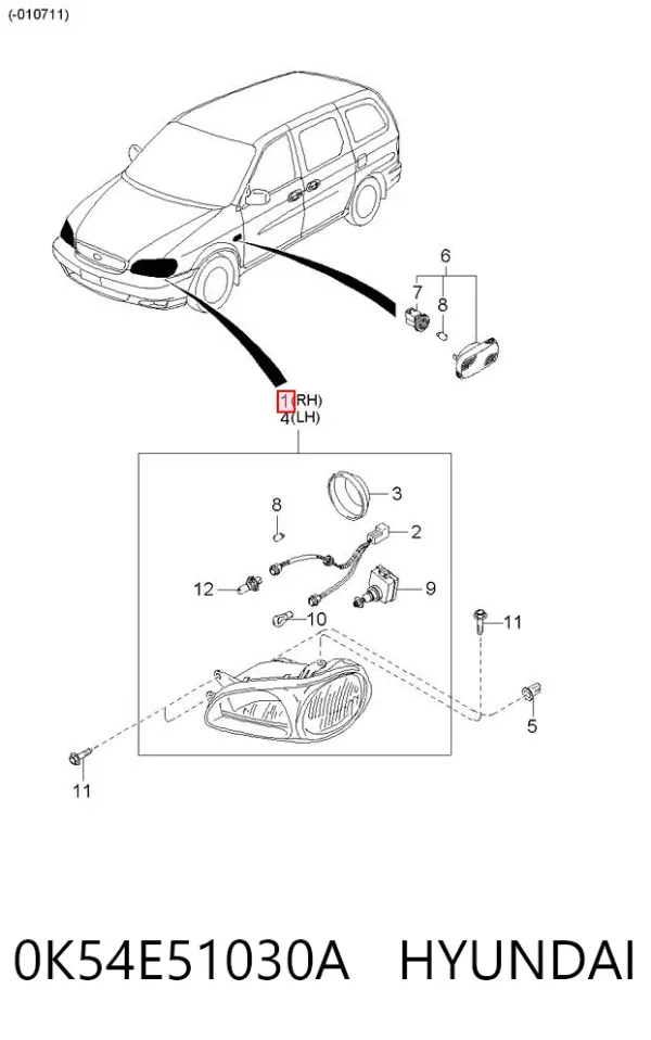 Правая фара 0K54E51030A Hyundai/Kia