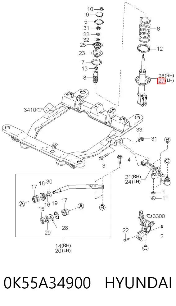 Амортизатор передний левый 0K55A34900 Hyundai/Kia
