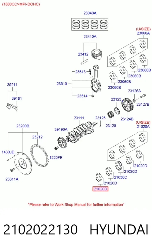 Вкладыши коленвала коренные, комплект, стандарт (STD) 2102022130 Hyundai/Kia