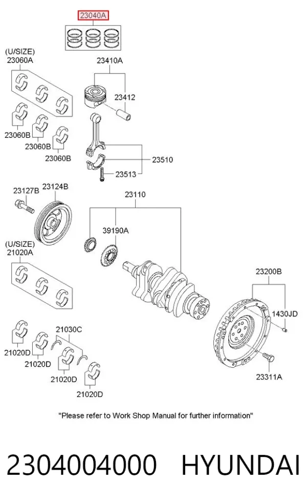 Комплект поршневых колец на 1 цилиндр, стандарт 2304004000 Hyundai/Kia