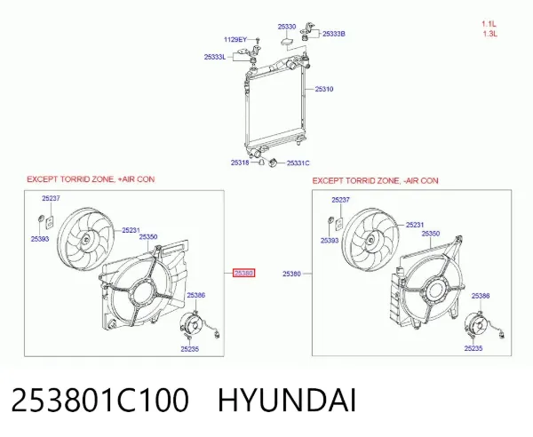 Диффузор вентилятора в сборе с мотором и крыльчаткой 253801C100 Hyundai/Kia