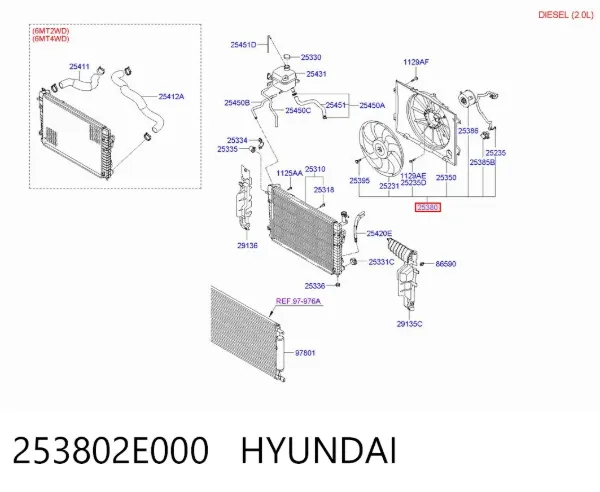 Диффузор вентилятора в сборе с мотором и крыльчаткой 253802E000 Hyundai/Kia