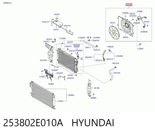 Диффузор вентилятора в сборе с мотором и крыльчаткой 253802E010A Hyundai/Kia