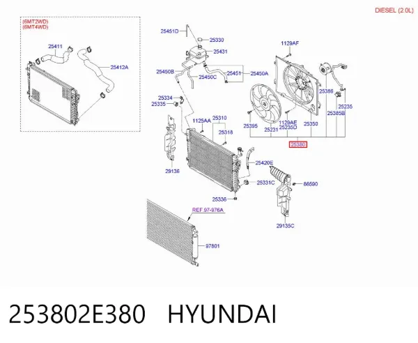 Диффузор вентилятора в сборе с мотором и крыльчаткой 253802E380 Hyundai/Kia