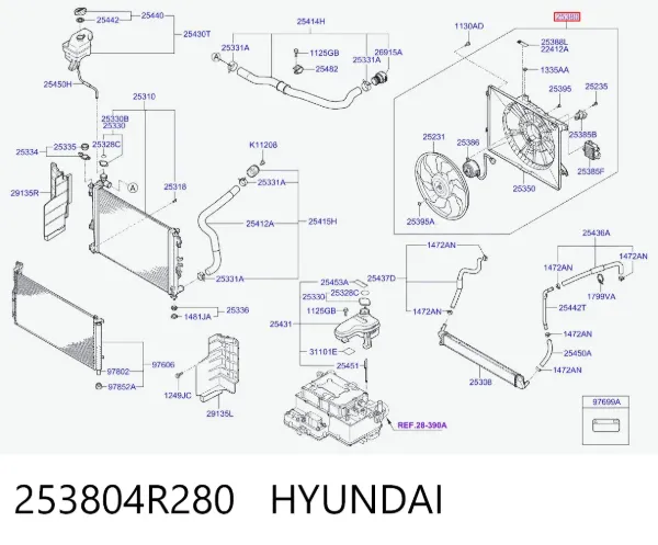 Диффузор вентилятора в сборе с мотором и крыльчаткой 253804R280 Hyundai/Kia