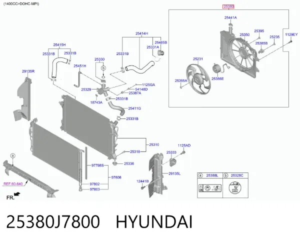 Диффузор вентилятора в сборе с мотором и крыльчаткой 25380J7800 Hyundai/Kia