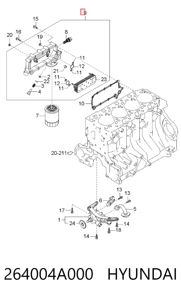 Радиатор масляный (холодильник), под фильтром 264004A000 Hyundai/Kia