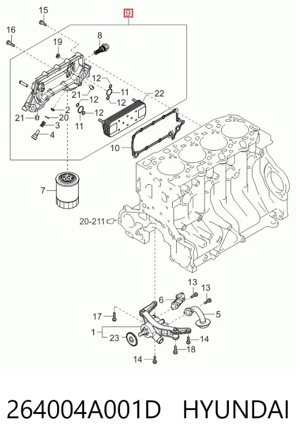 Радиатор масляный (холодильник), под фильтром 264004A001D Hyundai/Kia