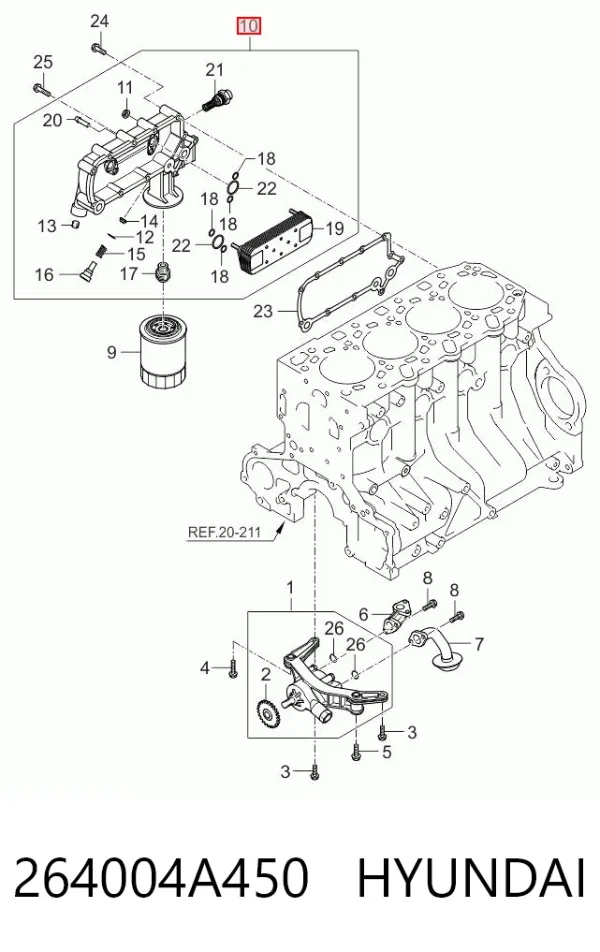 Радиатор масляный (холодильник), под фильтром 264004A450 Hyundai/Kia