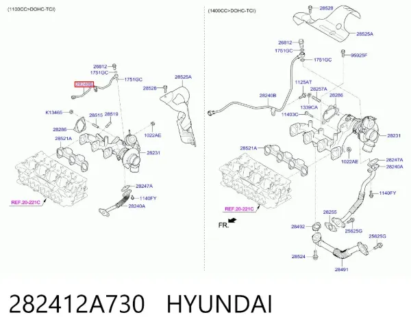 Трубка (шланг) подачи масла к турбине 282412A730 Hyundai/Kia