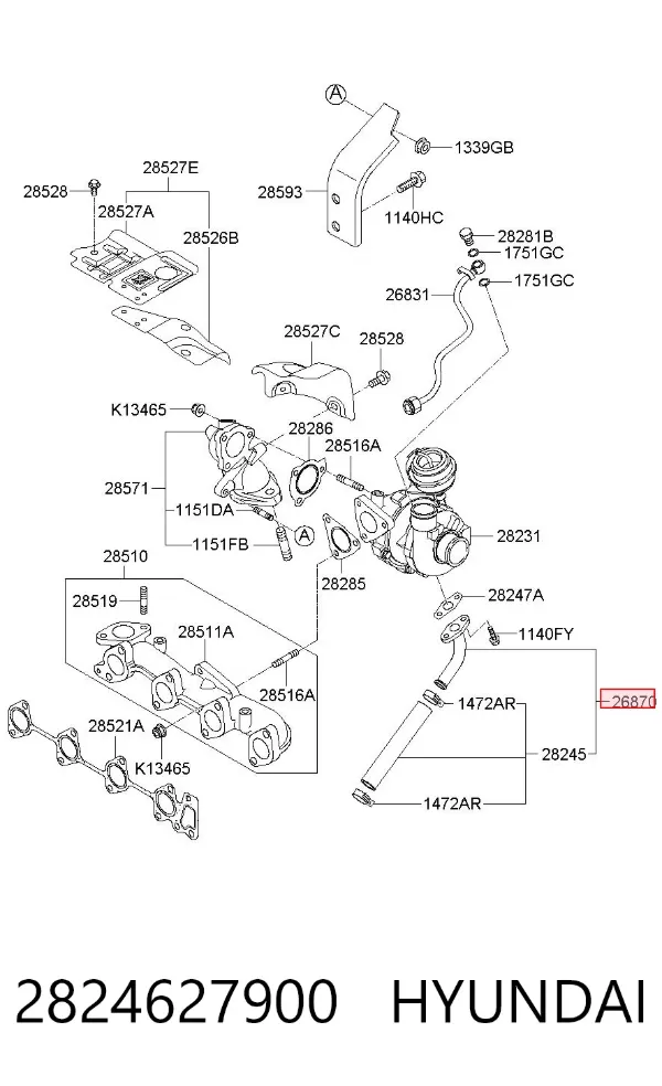 Трубка (шланг) отвода масла от турбины 2824627900 Hyundai/Kia