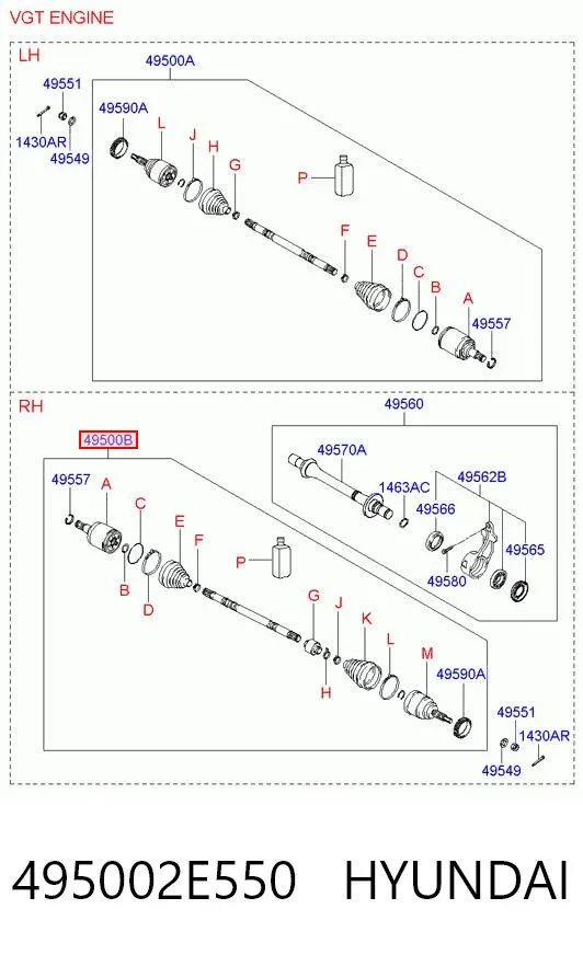 Правая полуось 495002E550 Hyundai/Kia