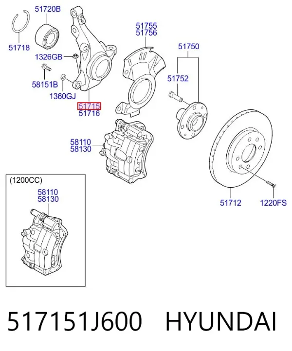 Цапфа передняя левая 517151J600 Hyundai/Kia