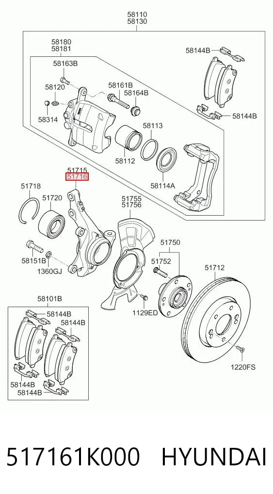 Цапфа передняя правая 517161K000 Hyundai/Kia