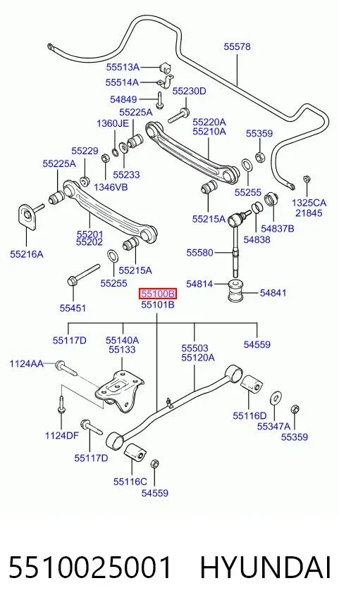 Рычаг (тяга) задней подвески продольный нижний левый 5510025001 Hyundai/Kia