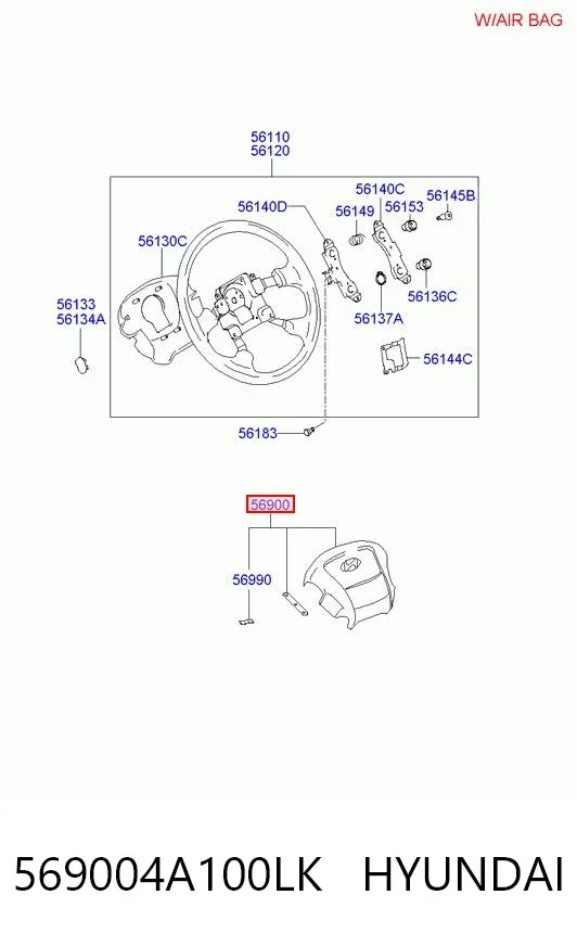Подушка безопасности водителя 569004A100LK Hyundai/Kia