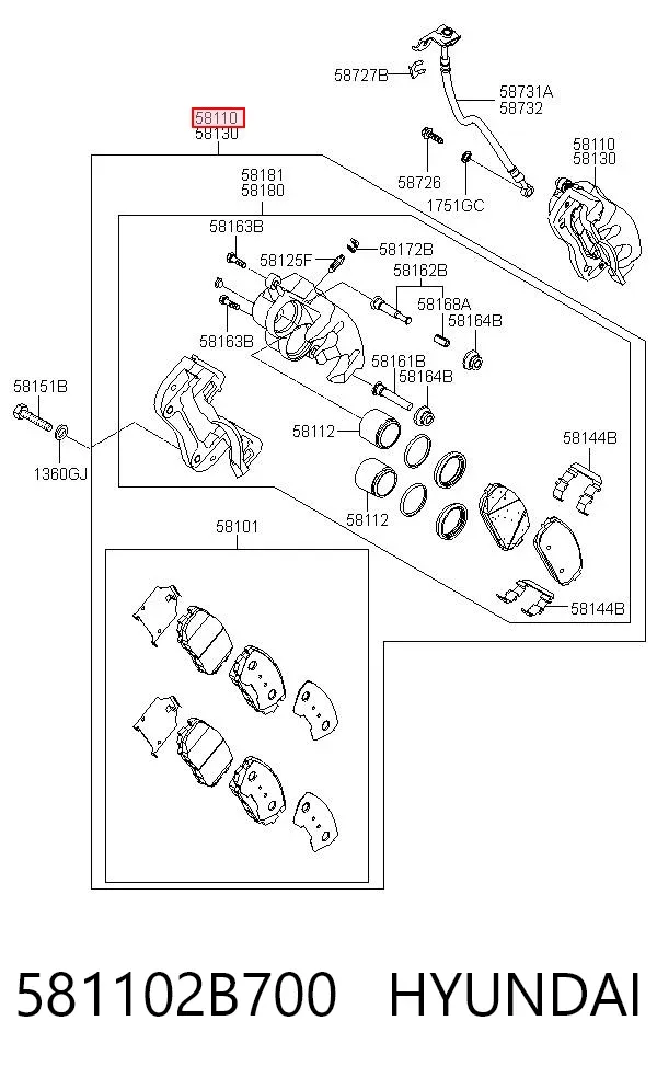 Суппорт тормозной передний левый 581102B700 Hyundai/Kia
