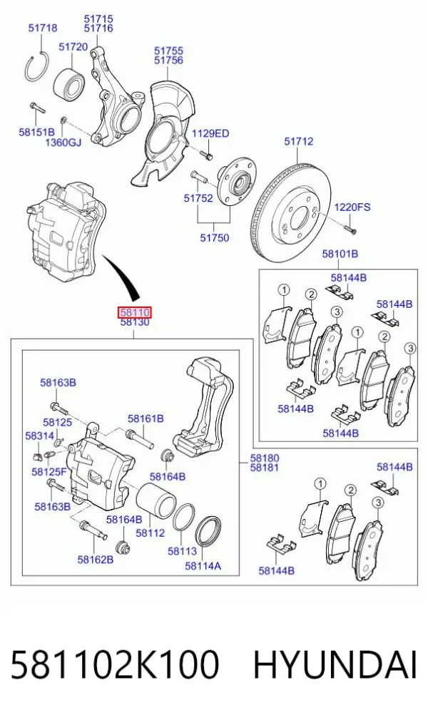 Суппорт тормозной передний левый 581102K100 Hyundai/Kia